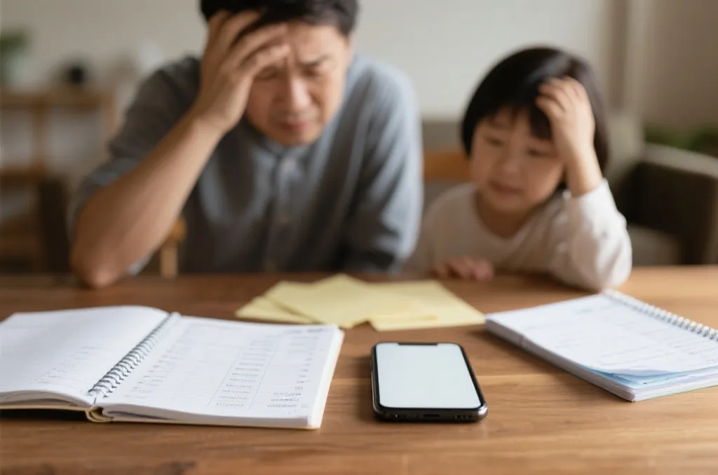 家庭桌上账本和手机并列，暗示财务压力和决策场景