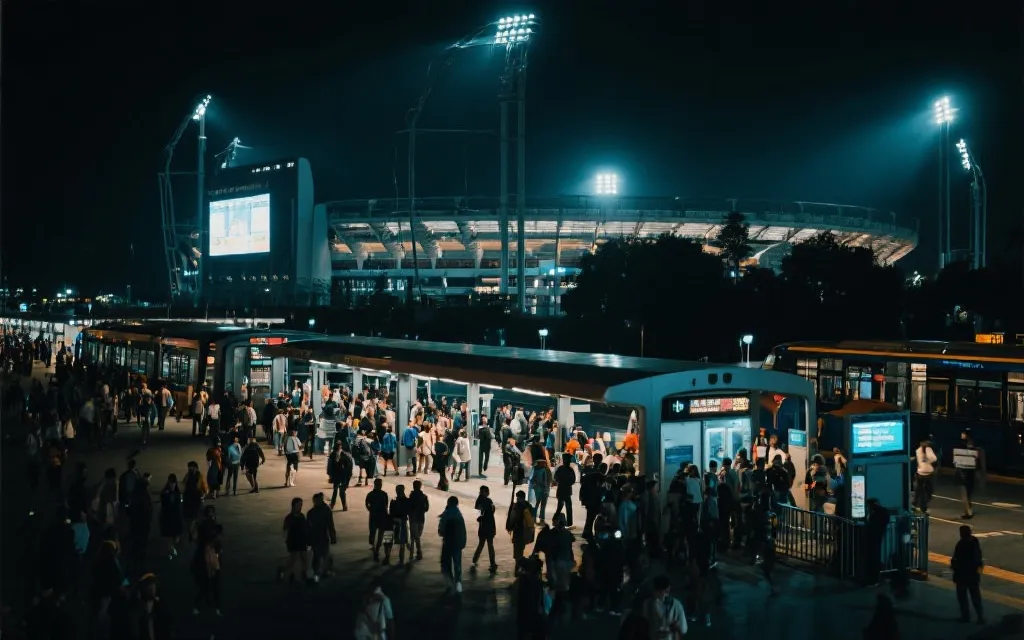 世界杯球场外人流动线与公共交通换乘示意，夜晚灯光氛围
