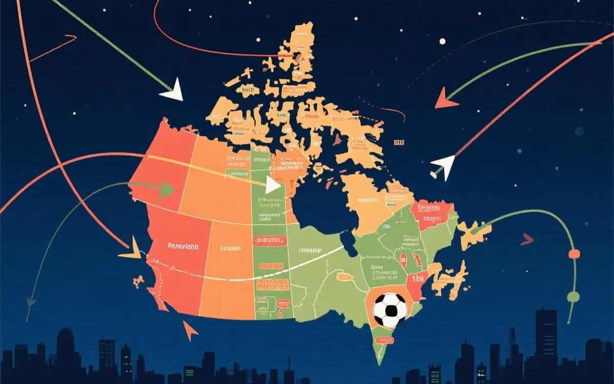北美联合举办世界杯的城市与旅行距离示意，球迷视角的路线图