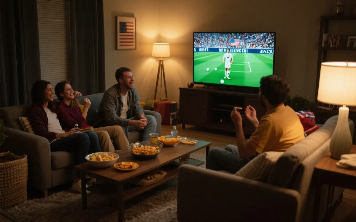 美国家庭在客厅观看世界杯决赛：大屏幕、沙发、零食与温暖灯光
