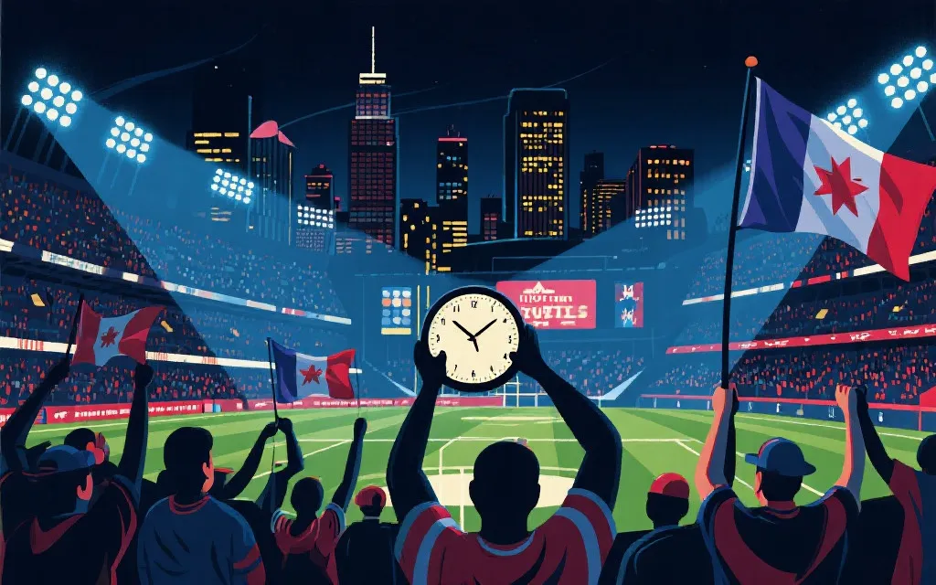 北美城市夜景与球场灯光，球迷举着时钟与旗帜的观赛氛围插画